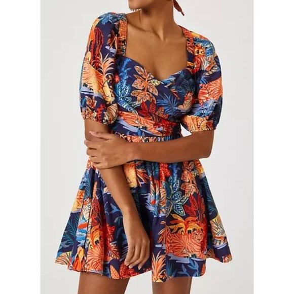 Anthropologie Puff Sleeve Floral Mini Short Dress Summer Tropical Navy Orange - Picture 1 of 12